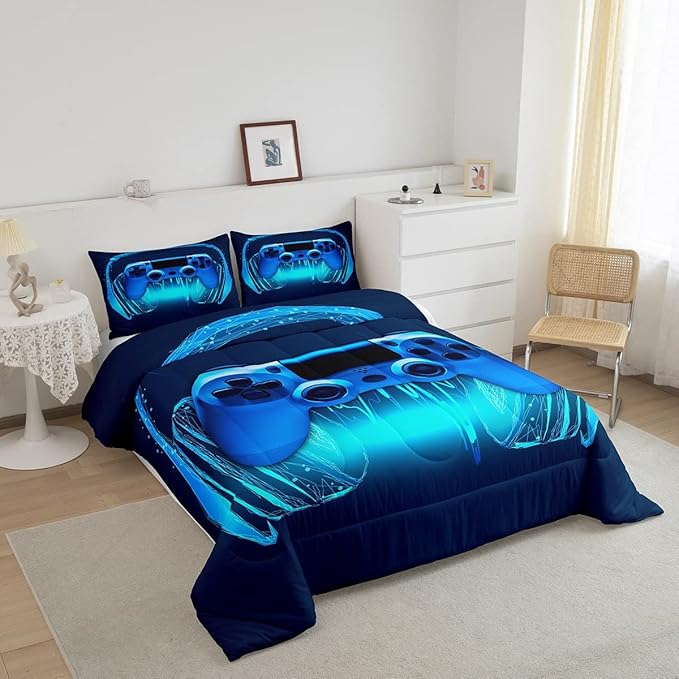 Gamer Comforter Set Queen Size,Blue Headphones Musical Design Games Gamepad Bedding Set for Kids Boys Video Game Room Decor Retro Playing Gamer Down Comforter Gaming Controller Quilted Duvet Set