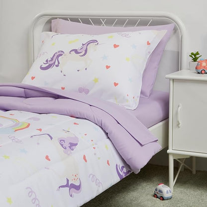 Amazon Basics 5 Piece Microfiber Kid's Bed-in-a-Bag Bedding, Toddler, Unicorn Print