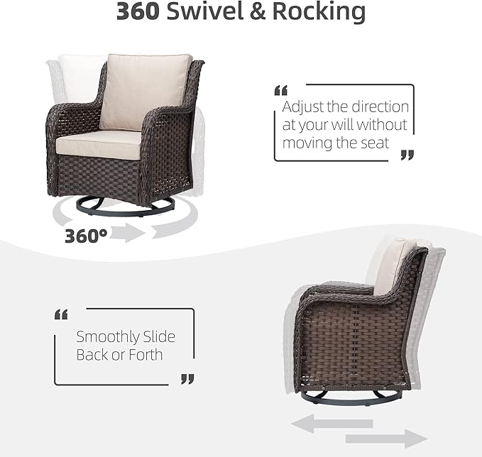 IDEALHOUSE 3 Pieces Outdoor Wicker Swivel Rocker Patio Set, 360-Degree Swivel Rocking Chair Elegant Wicker Patio Bistro Set with Tempered Glass Top Side Table (Apricot)