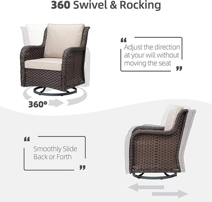 IDEALHOUSE 3 Pieces Outdoor Wicker Swivel Rocker Patio Set, 360-Degree Swivel Rocking Chair Elegant Wicker Patio Bistro Set with Tempered Glass Top Side Table (Apricot)