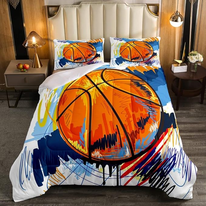 Kids Basketball Comforter Set Queen Size Boys Games Sports Theme Duvet Sets Youth Graffiti Tie Dye Bedding Set Basketball Sport Quilted Duvet with 1 Comforter and 2 Pillow Cases Colorful Orange Blue