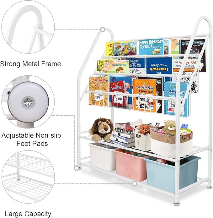 aboxoo Metal Kids Bookshelf Freestanding Bookcase for Children Room 32 in Large Toy Organizer Modern MinimalistWhite Stable Metel Bookstore Bedroom, Living, Library Book Unit Storage
