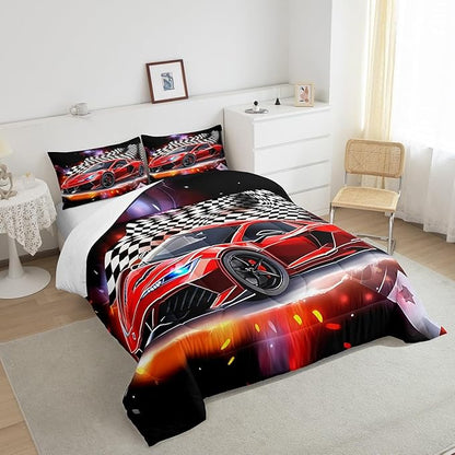 Feelyou Speed Sports Car Comforter Set Full Size Extreme Sports Bedding Set for Kids Boys Girls Decor Red Comforter Microfiber Checkerboard Quilt Set Bedroom Bedclothes…