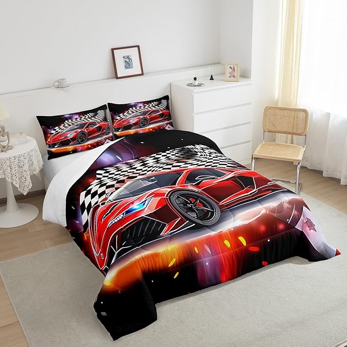 Feelyou Speed Sports Car Comforter Set Twin Size Extreme Sports Bedding Set for Kids Boys Girls Decor Red Comforter Microfiber Checkerboard Quilt Set Bedroom Bedclothes…