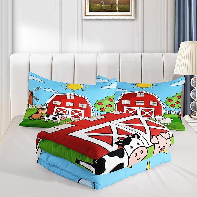 Farm Animals Comforter,Farmhouse Comforter Set for Kids Teens Girls Boys,Cartoon Animals 3Pcs Bedding Set Printed Comforter with 2 Pillowcases,Down Alternative,Soft and Lightweight，Queen Size