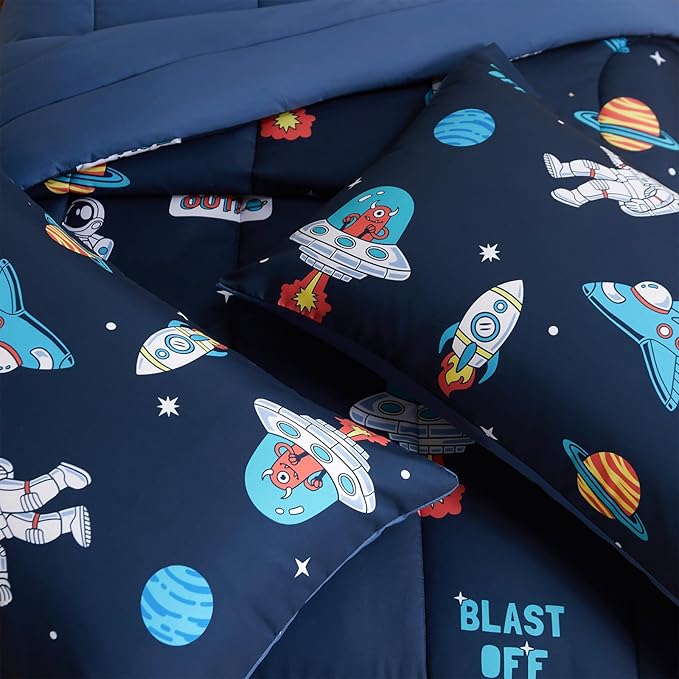 beeweed 5 Piece Kid Comforter Set Twin Size, Space Rocket & Astronaut Bedding Set for Teen Boys Girls