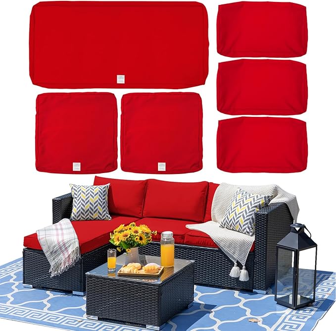 ClawsCover 6Pack Outdoor Seat and Back Cushions Replacement Covers Fit for 3 Pieces 3-Seater Wicker Rattan Patio Furniture Conversation Set Sectional Couch Chair,Red-Include Cover Only