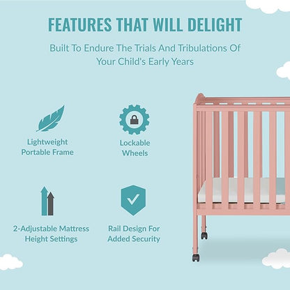2-in-1 Portable Folding Stationary Side Crib in Dusty Pink, Greenguard Gold Certified, Two Adjustable Mattress Height Positions,Made of Solid Pinewood, Flat Folding Crib
