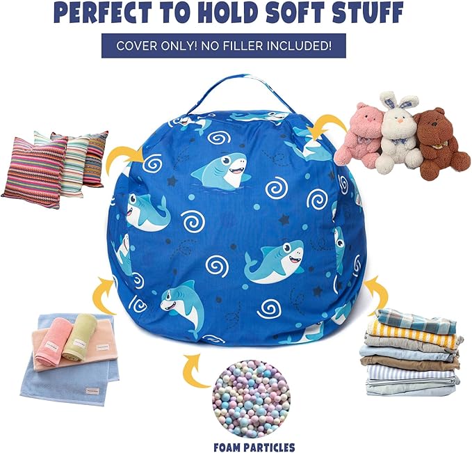 Stuffed Animal Storage Bean Bag Chair Cover, Hold Kids Plush Toys Blankets Towels Beanbag (Cover Only), Canvas Floor Circle Stuff Sit Seat Sofa with YKK Zipper, Large 32", Blue Shark