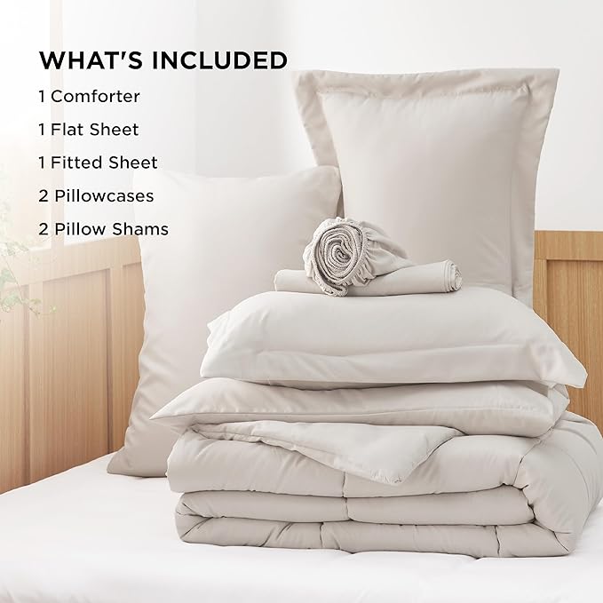 Bedsure Beige Queen Comforter Set - 7 Pieces Solid Queen Bed in a Bag, Queen Bed Set Beige with Comforters, Sheets, Pillowcases & Shams