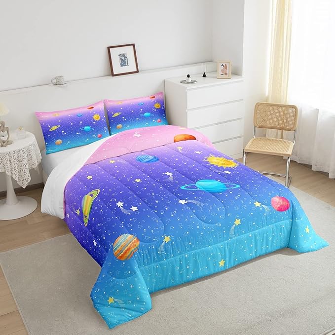 Erosebridal Cute Galaxy Comforter Set Queen for Boys Girls Kids Stars Planet Space Bedding Set Kawaii Rainbow Pastel Bedding Comforter Sets Pink Blue Purple Ombre Cartoon Quilt Duvet 2 Pillow Cases