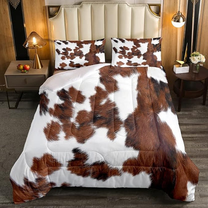 Erosebridal Cowhide Comforter Set for Kids Boys, Cute Brown White Cow Bedding Set Queen Size, Farm Animal Skin Down Comforter Western Cowboy Country Duvet Sets Farmhouse Decoration