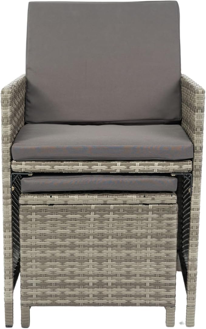 9 Pieces Patio Dining Outdoor Furniture, Space Saving Rattan Chairs with Glass Table, Cushioned Seating and Back Sectional Conversation Set, Zm-Grey