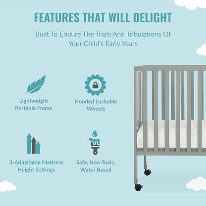 Quinn Full-Size Folding Crib in Cool Grey, Removeable Wheels, Modern Nursey, Adjustable Mattress Support, Portable Crib, Patented Folding System