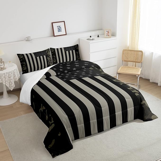 American Flag Comforter Set King Military Camo Down Comforter,Retro Army Green Camouflage USA Flag Bedding Set for Kids Boys Teens Men Bedroom,Black Grey Stars Stripes Quilt Duvet Set 2 Pillow Cases