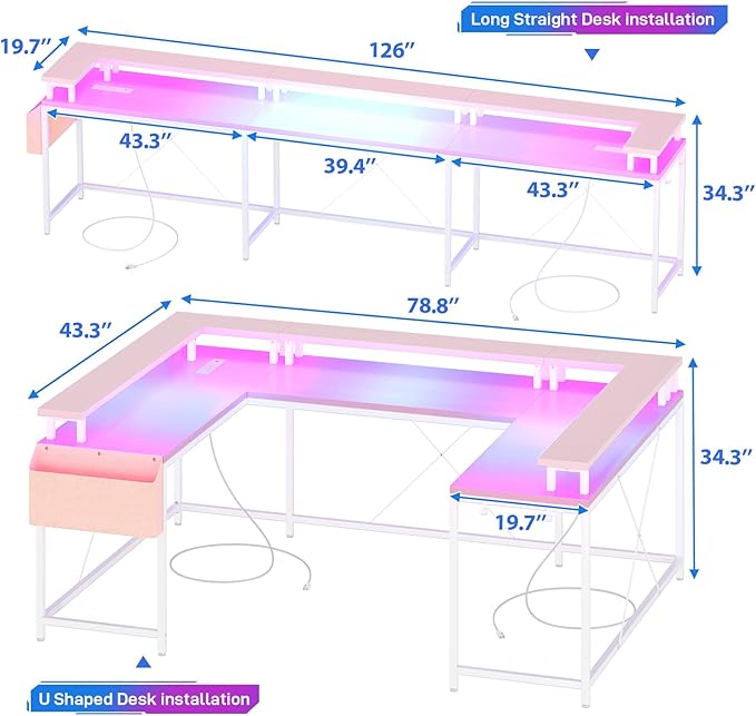 U Shaped Computer Gaming Desk, Reversible L Shaped Desk with Power Outlets, LED Strip & Monitor Stand, Large Corner Desk with Storage Shelves for Home Office,Deep Pink