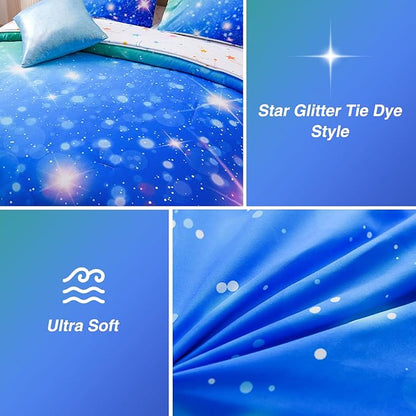 A Nice Night 6Pcs Gradient Glitter Bedding Set for Girls, Colorful Rainbow Galaxy Comforter Set, Ultra Soft Bedding Sets (Blue-Green,Twin 6Pcs)