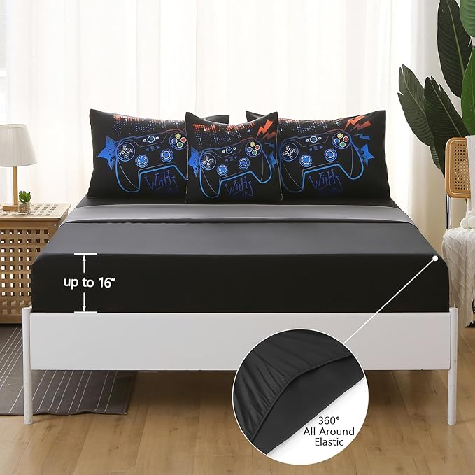 6Pcs Game Console Comforter Set with Sheets for Boys Girls Kids Teens, Geometric Gaming Themed Bed in A Bag Twin Size, 3D Video Gamer Controller Bedroom Decor Bedding Set(Blue)