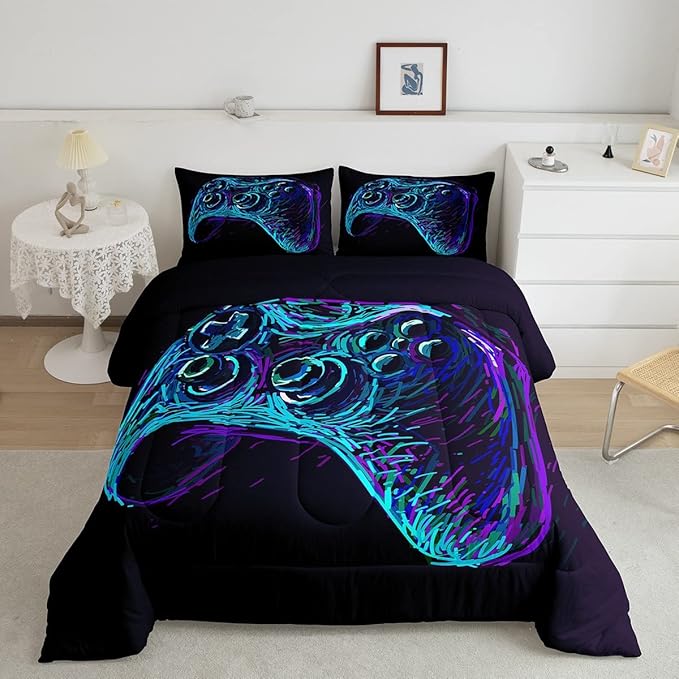 Gamer Comforter Set for Boys Teens Blue and Black Gaming Bedding Set Video Game Bedding Home Decor for Kids Comforter Twin Size 2 Pieces Gamepad Quilted Duvet Set 1 Comforter with 1 Pillowcase
