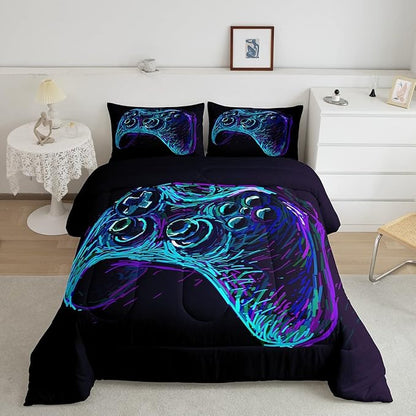 Gamer Comforter Set for Boys Teens Blue and Black Gaming Bedding Set Video Game Bedding Home Decor for Kids Comforter Twin Size 2 Pieces Gamepad Quilted Duvet Set 1 Comforter with 1 Pillowcase