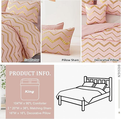 Pink Comforter Set King Size, Metallic Blush and Rose Gold Bedding Set, 4 Piece Lightweight Microfiber Comforter for Teen Girls Women (2 Pillow Shams + 1 Decorative Pillow Sham)
