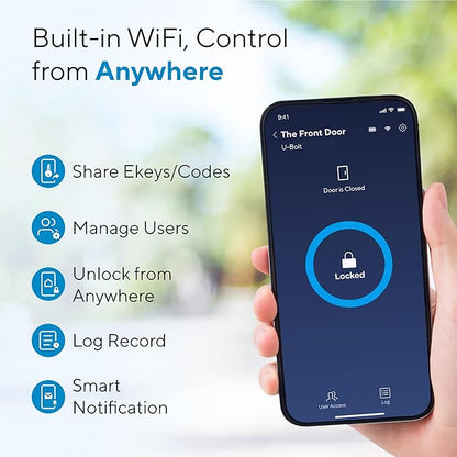 ULTRALOQ U-Bolt WiFi Smart Lock with Door Sensor, 5-in-1 Keyless Entry Door Lock with Built-in WiFi, Bluetooth and Keypad, WiFi Door Lock, WiFi Deadbolt