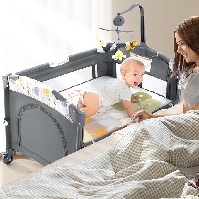 5 in 1 Infant Newborn Baby Crib,Baby Bassinet Bedside Cribs,Pack and Play with Bassinet and Changing Table,Portable Travel Baby Playpen with Bassinet Toys & Music Box,Portable Travel Crib,Dark Gray