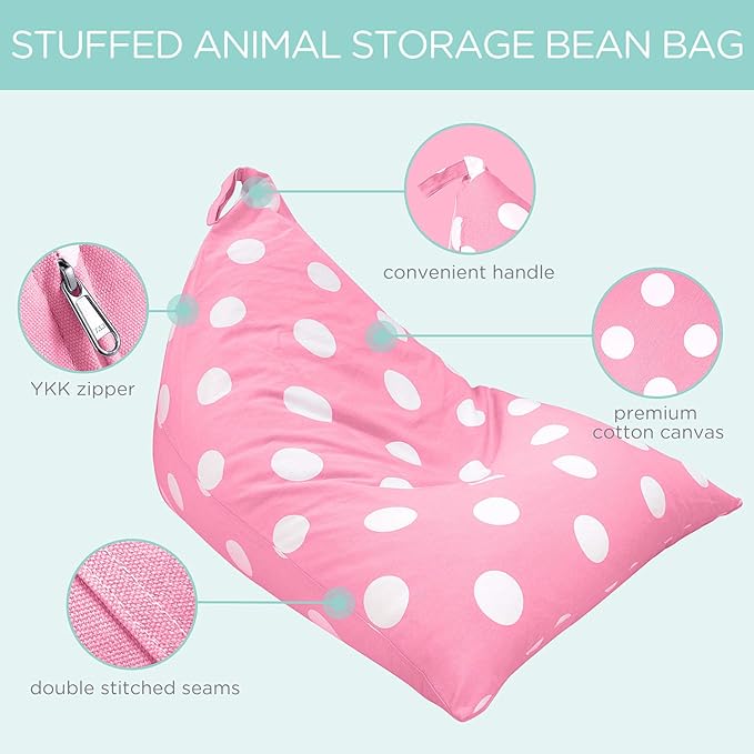 Aubliss Stuffed Animal Storage Bean Bag Chairs Cover, 50"x 35" Extra Large Bean Bags Chair for Kids & Adults, Beanbag Toy Storage for Boys Girls - Premium Cotton Canvas Pink Dot