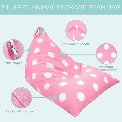 Aubliss Stuffed Animal Storage Bean Bag Chairs Cover, 50"x 35" Extra Large Bean Bags Chair for Kids & Adults, Beanbag Toy Storage for Boys Girls - Premium Cotton Canvas Pink Dot