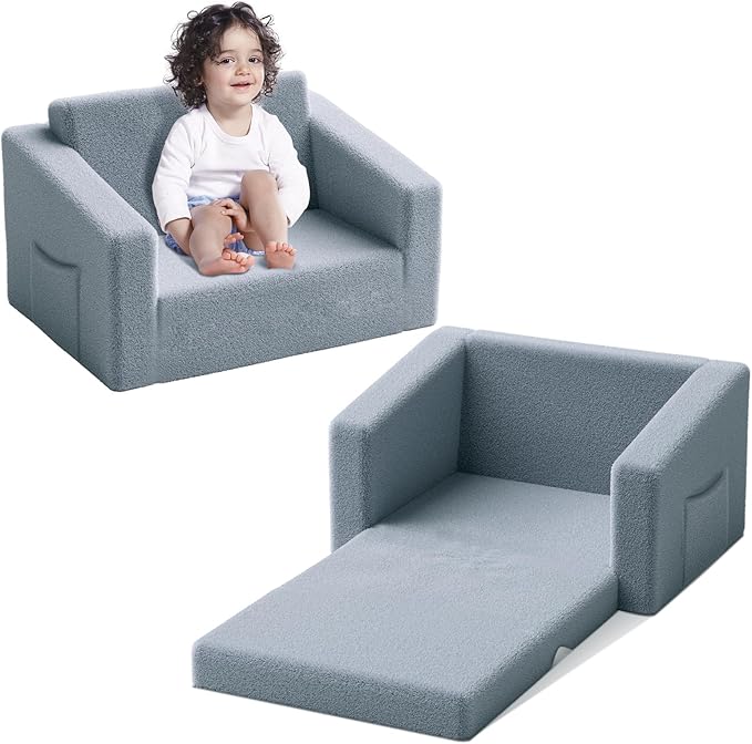 Kids Couch,2-in-1 Toddler Chairs for Boys,Kids Sofa with Storage,Comfortable Kids Sofa Bed,Fun Kids Lounge Chair,Toddler Furniture,Kids Playroom,Children'S Gifts (Grey)
