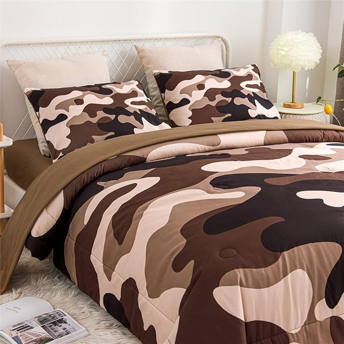 Meeting Story Camouflage Bedding Set, Colorful Pattern Style Comforter Set, 5 PCS One Comforter Two Pillowcases Two Sheets in One Bag, All Season Bedspread for Teens Adults (Coffee, Twin 5Pcs)