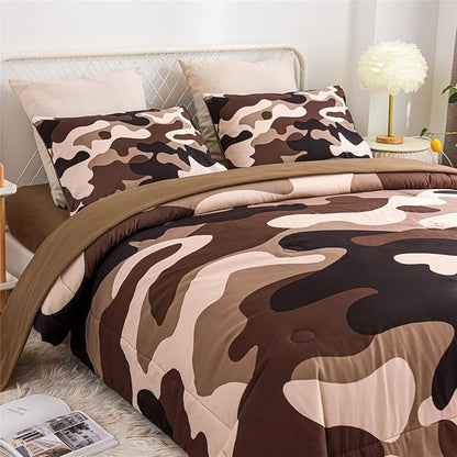 Meeting Story Camouflage Bedding Set, Colorful Pattern Style Comforter Set, 5 PCS One Comforter Two Pillowcases Two Sheets in One Bag, All Season Bedspread for Teens Adults (Coffee, Twin 5Pcs)