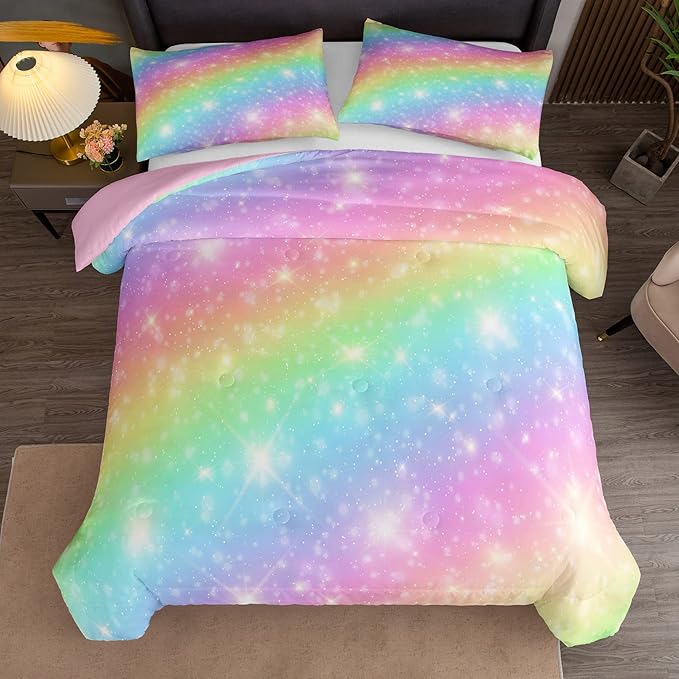 NINENINE Pink Rainbow Bedding Set Girls Bedding Set King for Girls Boys Women Soft Microfiber Stars Glitter Bedding Comforter Set -includes 1 Comforter with Matching Pillowcases……