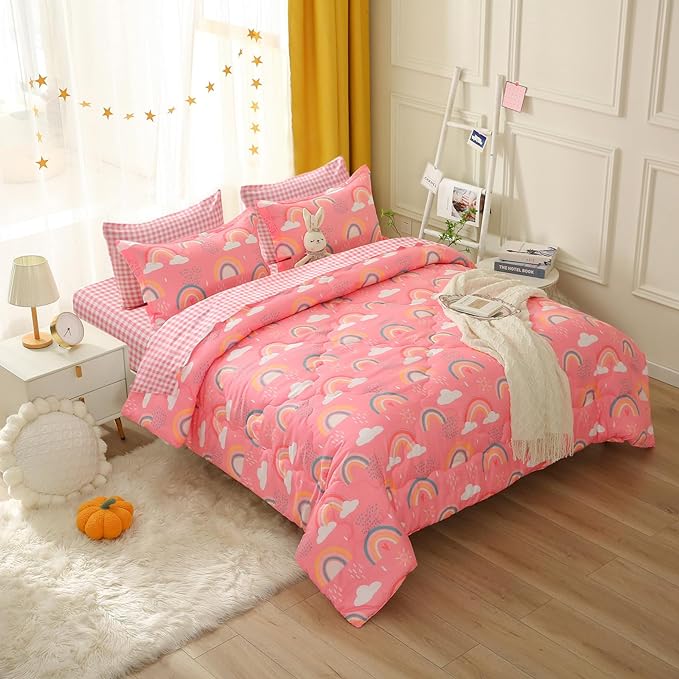 Kids Rainbow Comforter Set for Girls Teens Full Size 7 Piece Cloud Sun Pink Bedding Set 3D Cute Cartoon Love Hearts Bed in a Bag