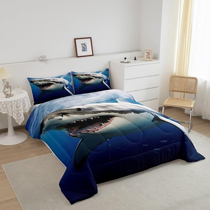 Kids Comforter Set for Boys Girls,3D Shark Fish Down Comforter 3 Piece Hawaiian Beach Theme Bedding Quilted Duvet Set Ocean Sea Animal Pattern Blue Duvet Insert for Toddler Teen Bedroom Decor,Queen