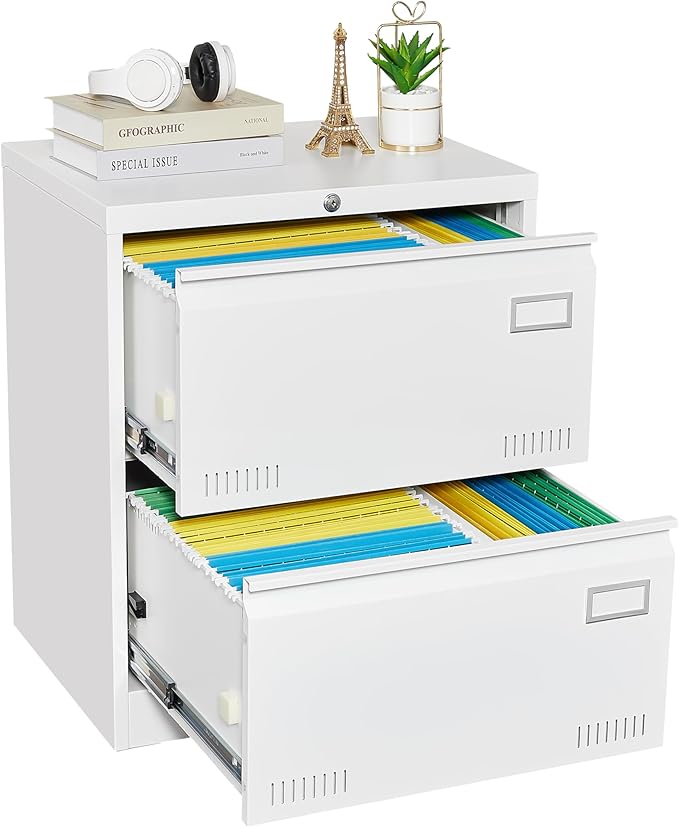 2 Drawer Lateral Lock and Card Holder, Multifunctional Metal Filing Cabinets w/Heavy 3 Section Slide Rail & Breathable Holes,for Legal/Letter/A4,White