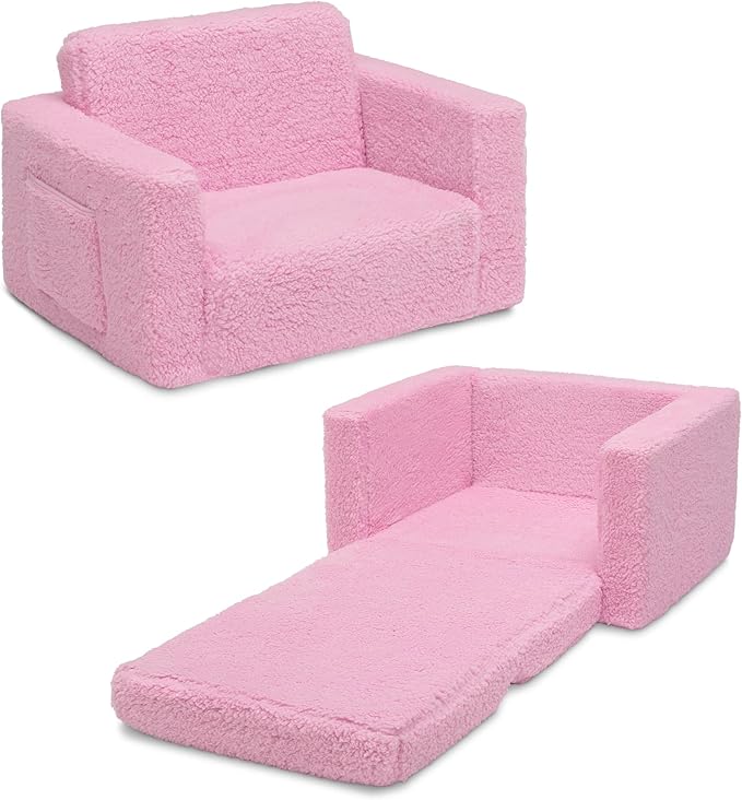 Delta Children Cozee Flip-Out Sherpa 2-in-1 Convertible Chair to Lounger for Kids, Pink