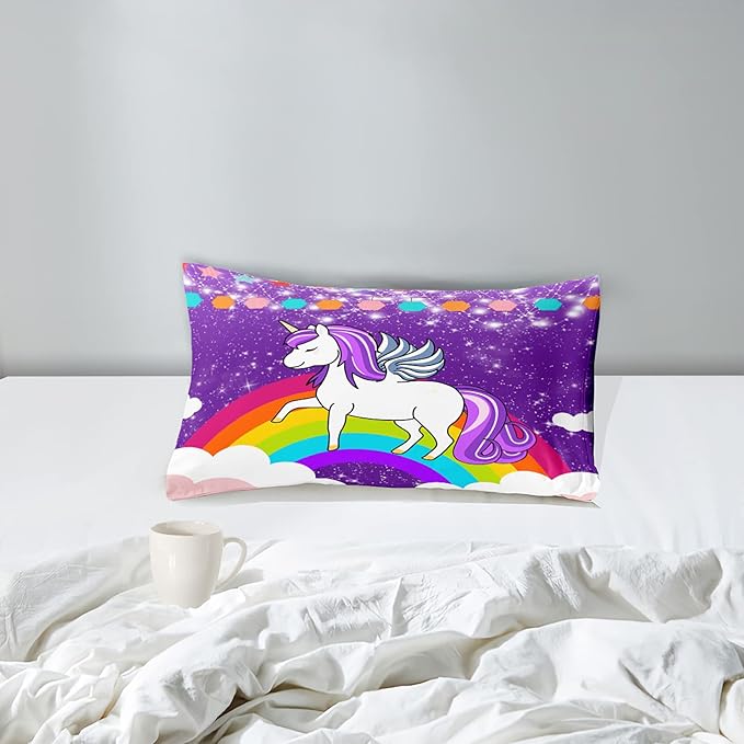Unicorn Twin Comforter Set for Girls Twin Girls Bedding Set Cute Rainbow Unicorn Comforter Set for Kids Cartoon Girls Bedding Sets Twin Unicorn Print Bedding Sets, Purple, 1 Comforter+1 Pillowcase
