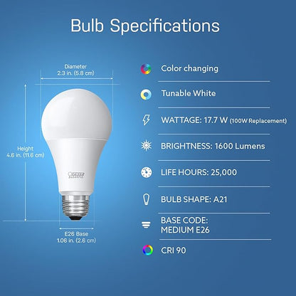 Feit Electric OM60/RGBW/CA/AG Smart WiFi Color Changing and Dimmable, Alexa or Google Assistant, No Hub Required A19 LED Light Bulb, 60W