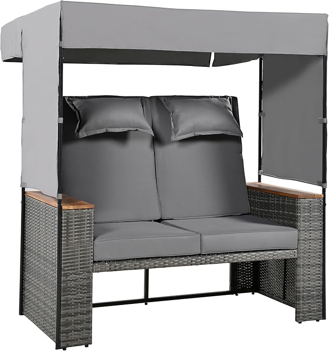Outdoor Conversation, 2-Piece Patio Bench Rattan Roof Set, Effective UV Protection Waterproof Cushions and Adjustable Backrest for Garden, Backyard and Porch, Zg-Grey Wicker + Grey Fabric