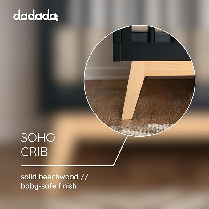 dadada Baby Soho 3-in-1 Convertible Crib to Toddler Bed – Wooden Crib Made in Italy, GREENGUARD Gold Certified Small Baby Crib – Baby-Safe Finish, Modern Design (Black/Natural)