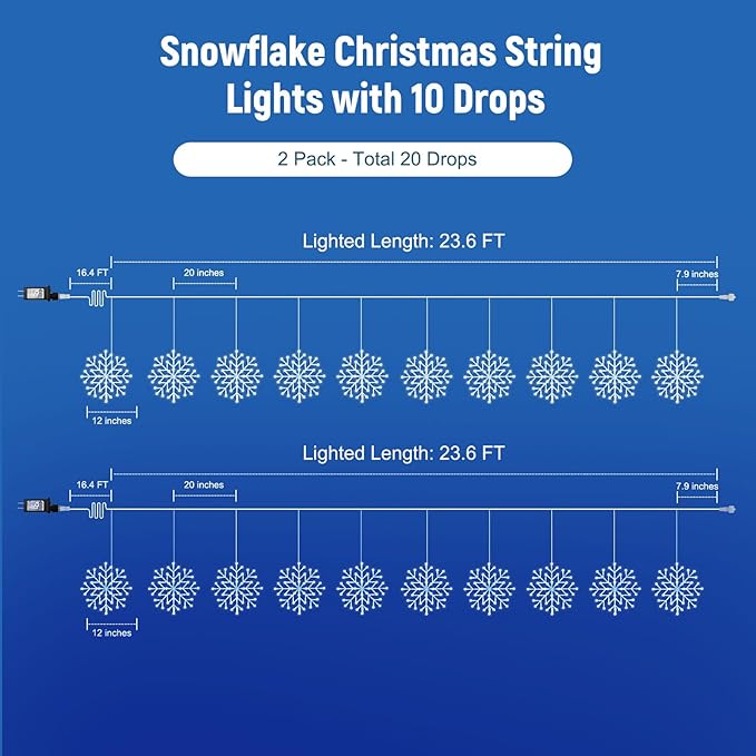 Brightown 2 Pack Christmas Snowflake Icicle Lights Outdoor - Plug-in 23.6ft 10 Drops 480LED Snowflake Window Lights, Connectable for Indoor Outdoor Porch Eaves Rooftops Christmas Decoration