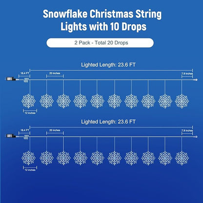 Brightown 2 Pack Christmas Snowflake Icicle Lights Outdoor - Plug-in 23.6ft 10 Drops 480LED Snowflake Window Lights, Connectable for Indoor Outdoor Porch Eaves Rooftops Christmas Decoration