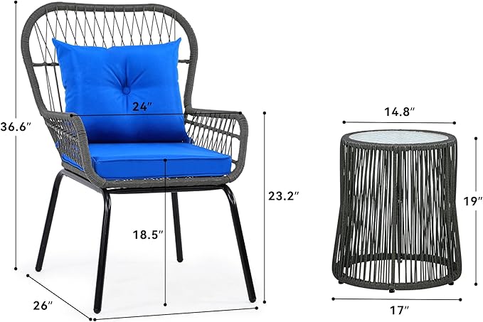 YITAHOME 3-Piece Outdoor Patio Furniture Wicker Bistro Set, All-Weather Rattan Conversation Chairs for Backyard, Balcony and Deck with Soft Cushions, Glass Side Table (Gray+Navy Blue)