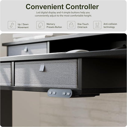 BANTI Height Adjustable Electric Standing Desk with 4 Drawers, 63 x 24 Inch Table with Storage Shelf, Sit Stand Desk, Black Top
