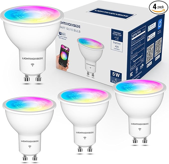 GU10 Smart Light Bulbs 50W Equivalent, 38°Beam Angle, Smart Bulb Compatible with Alexa/Google Assistant/Smart Life, 5W 420LM, RGBCW Spotlight Track Light, 2.4GHz WiFi, ETL Listed, 4PCS