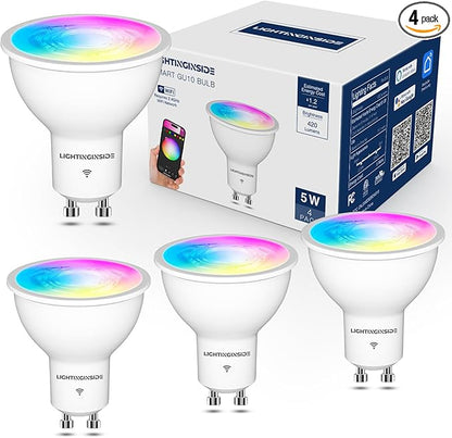 GU10 Smart Light Bulbs 50W Equivalent, 38°Beam Angle, Smart Bulb Compatible with Alexa/Google Assistant/Smart Life, 5W 420LM, RGBCW Spotlight Track Light, 2.4GHz WiFi, ETL Listed, 4PCS