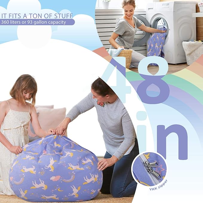 Aubliss Stuffed Animal Bean Bag Storage Chair (Light Blue Unicorn, X-Large (48''))