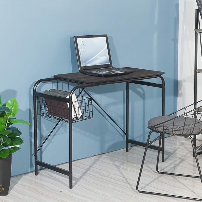 FurnitureR Home Office Computer Basket 31.5“ Wooden Laptop Table with Storage Workstation Modern Study Writing Desk, Walnut Black
