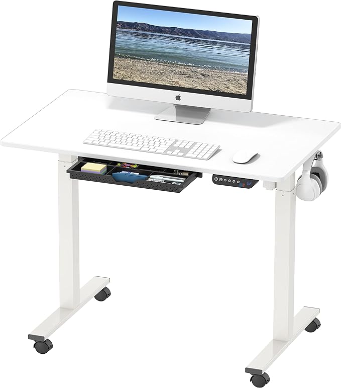 SHW Small Electric Height Adjustable Mobile Sit Stand Desk with Drawer, Hanging Hooks and Cable Management, 40 x 24 Inches, White